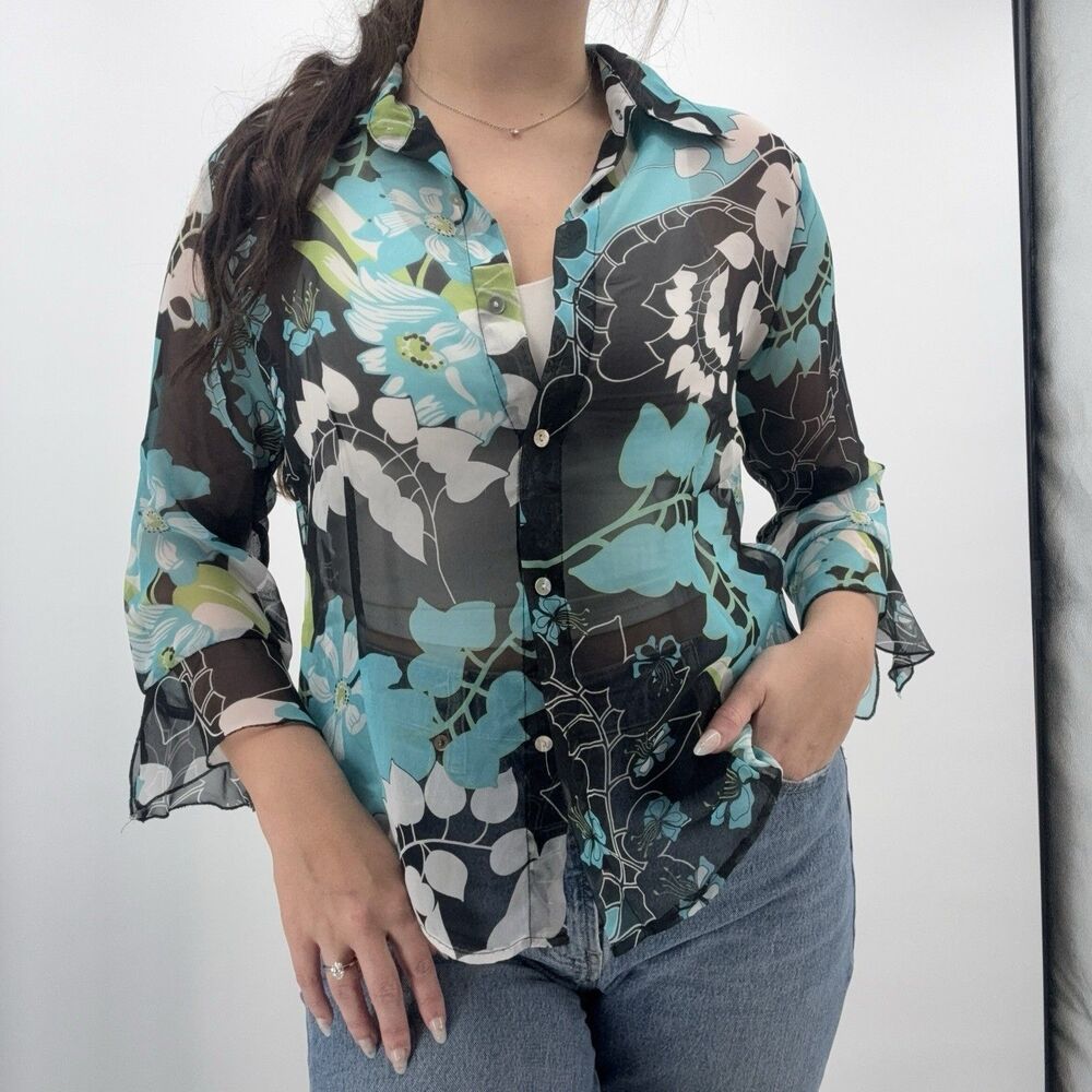 Cove Collections Black & Blue Floral Ruffle Sheer Blouse Y2k Retro Size Medium